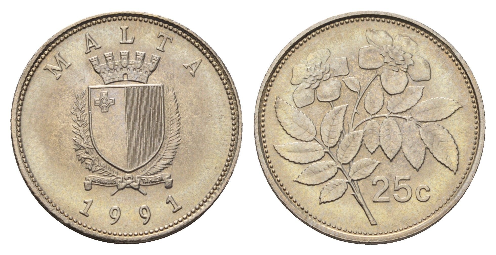Мальта 25 центов 1991 шиповник вечнозелёный KM 97 медно-никель UNC 4688-956