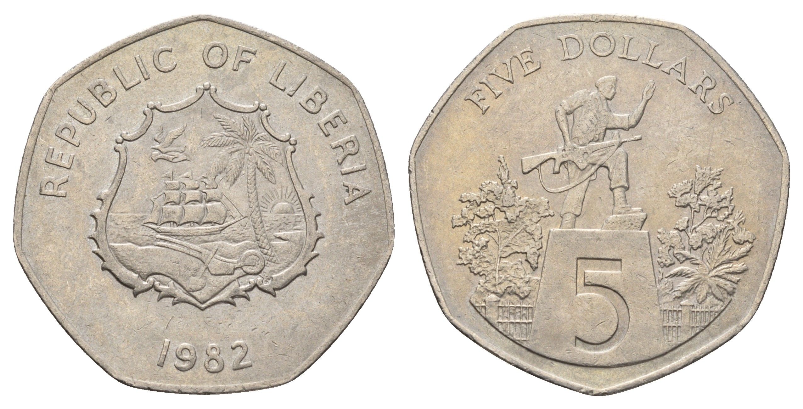 Либерия 5 долларов 1982 KM 44 медно-никель 4672-1021