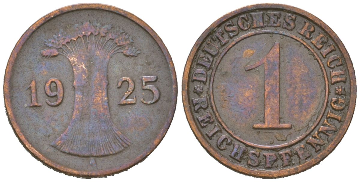 Германия 1 рейхспфенниг 1925 A KM 37 бронза 4617-355