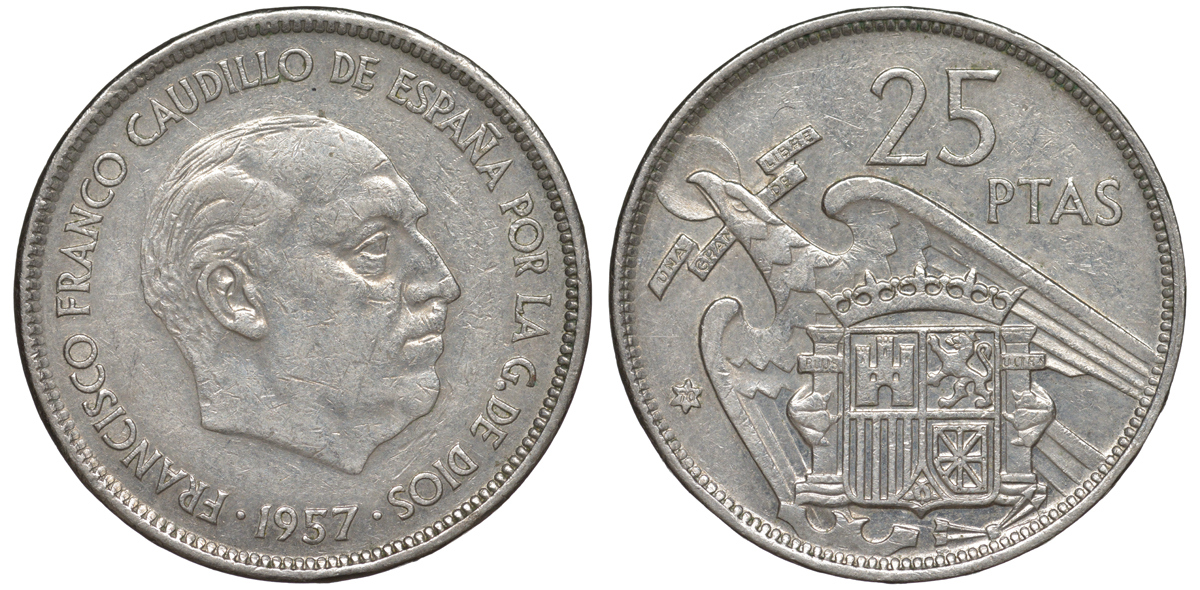 ИСПАНИЯ 25 ПЕСЕТ 1957 (70) ФРАНСИСКО ФРАНКО ДИКТАТОР ИСПАНИИ (1939-1975) KM 787 медно-никель 45-1016