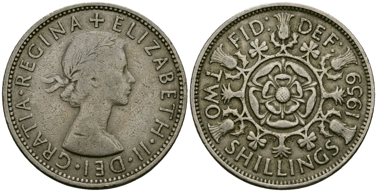 Великобритания 2 шиллинга (флорин) 1959 Елизавета II (1952-2022) KM 906, Spink 4146 медно-никель 4137-346