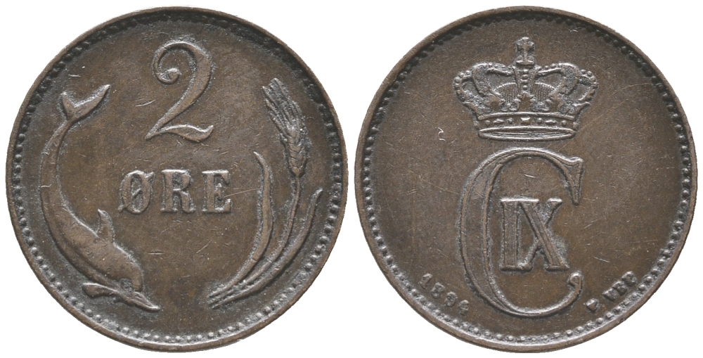 ДАНИЯ 2 ЭРЕ 1894 КРИСТИАН IX (1863-1906) KM 793.2 бронза 34-451