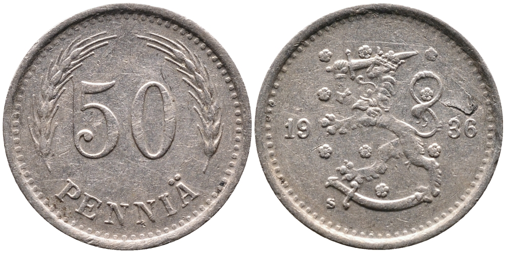 ФИНЛЯНДИЯ 50 ПЕННИ 1936 S KM 26 медно-никель 4387-526