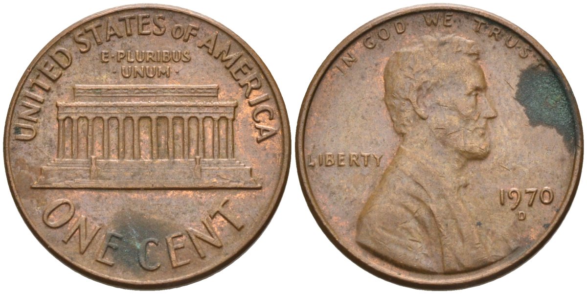 США 1 цент 1970 D, Линкольн KM 201 медь цинк 4115-861