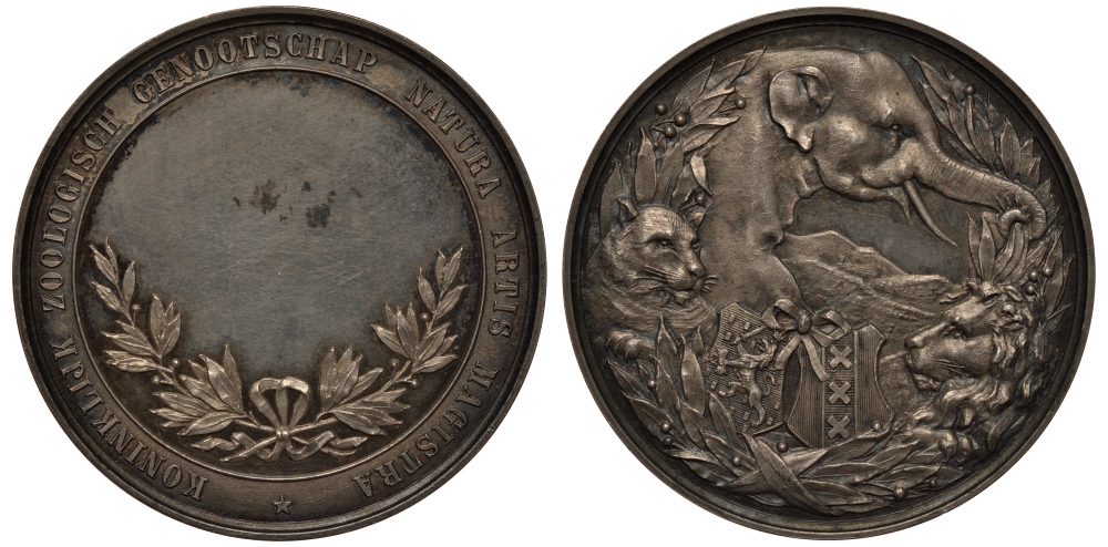 Нидерланды медаль 1888 зоологическая ассоциация, наградная?, девиз 'Природа учитель искусства', слон, лев, ягуар серебро 00-821-13