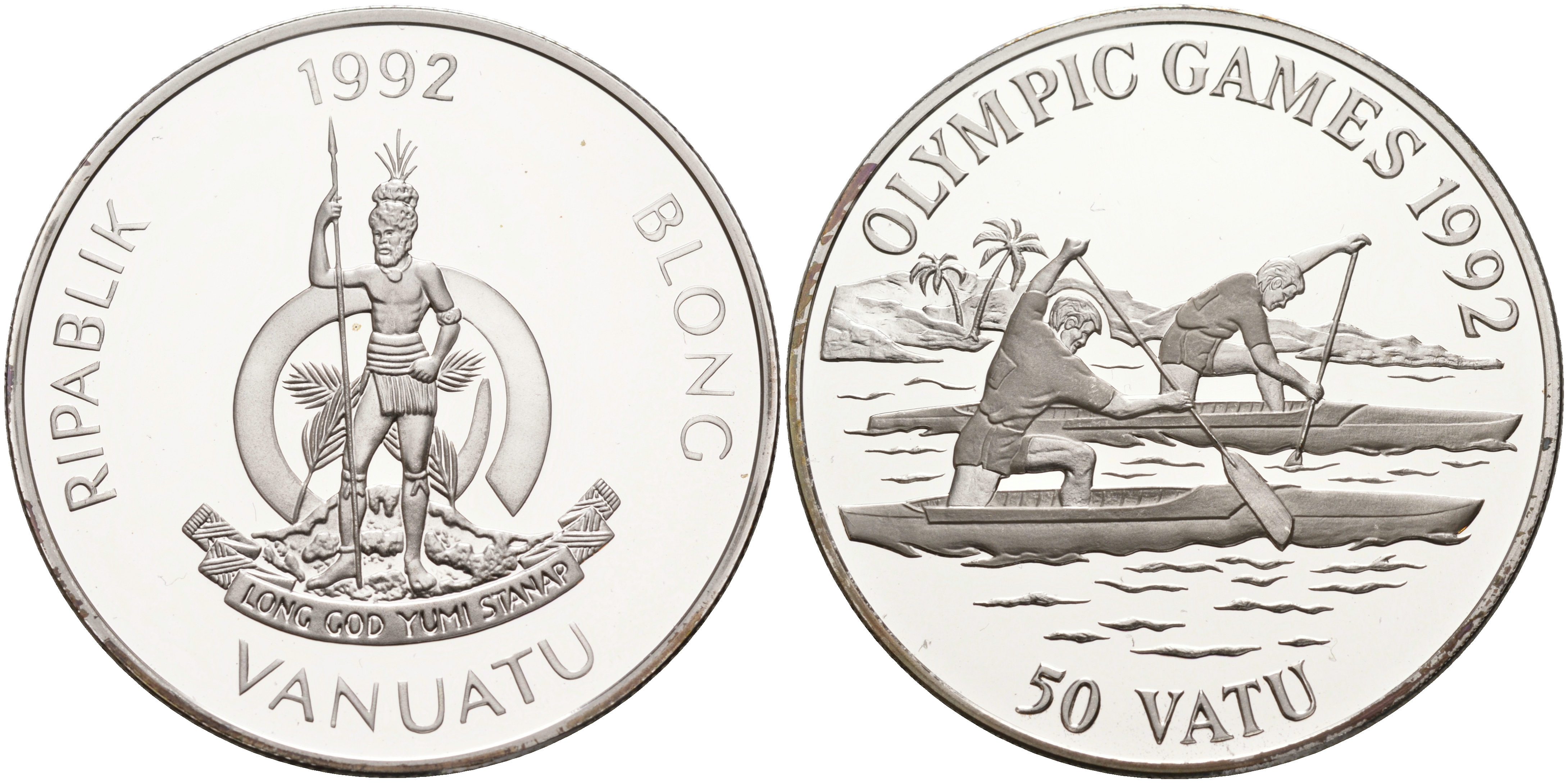 Вануату 50 вату 1992 XXV Олимпийские игры в Барселоне 1992 года, гребля на каное KM 14 серебро PROOF 02-127-25