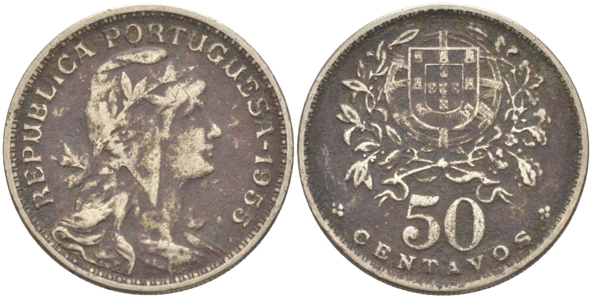 Португалия 50 сентаво 1955 голова Свободы вправо KM 577 медно-никель 219-851