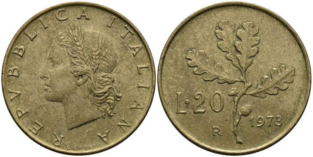 ИТАЛИЯ 20 ЛИР 1973 R KM 97.2 алюминиевая бронза 98-147