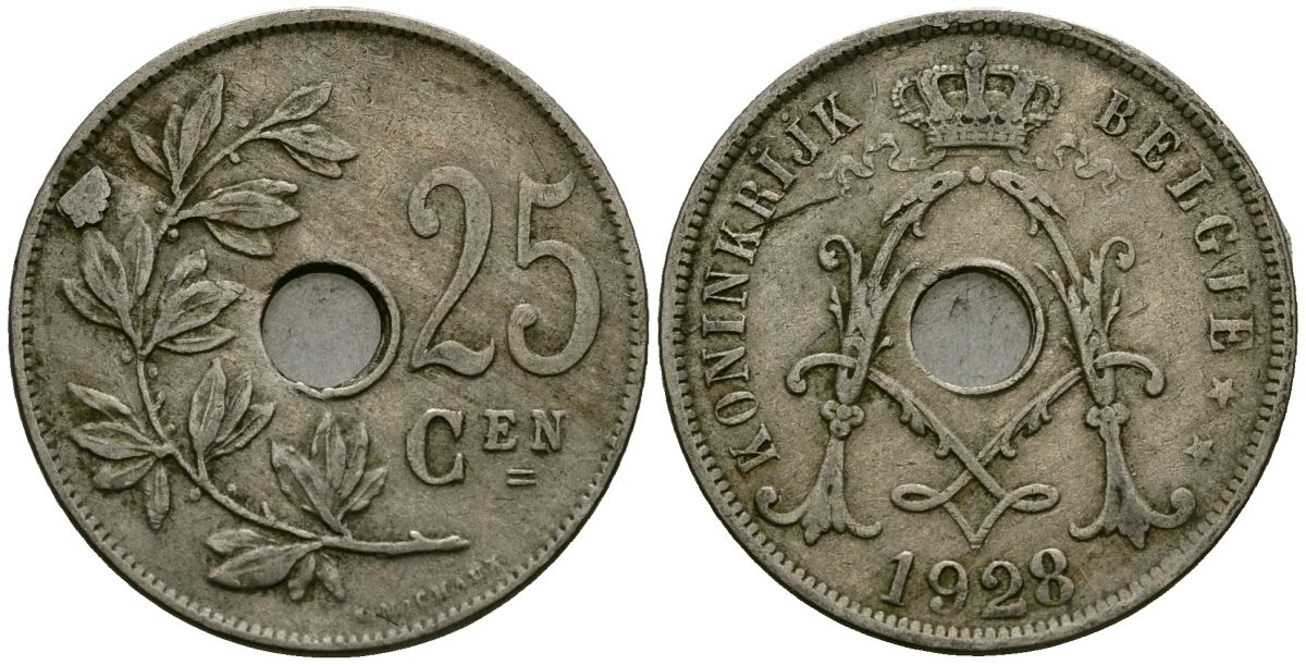 Бельгия 25 сантимов 1928 Belgie KM 69 медно-никель 4131-725