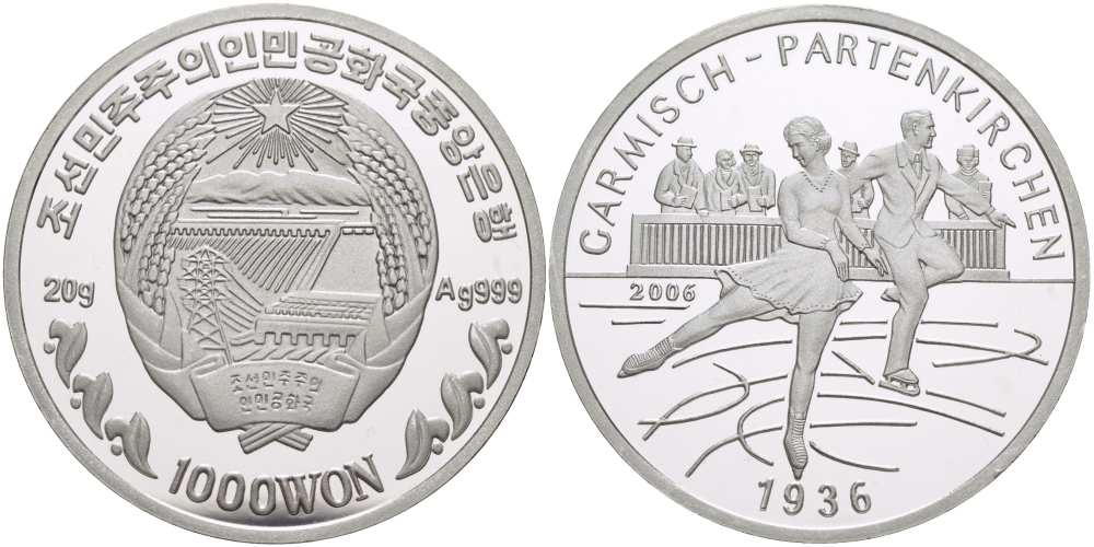 Северная Корея 1000 вонов 2006 IV Зимние Олимпийские игры 1936 года в Гармиш-Партенкирхене, фигурное катание  серебро  PROOF  1074-9-63