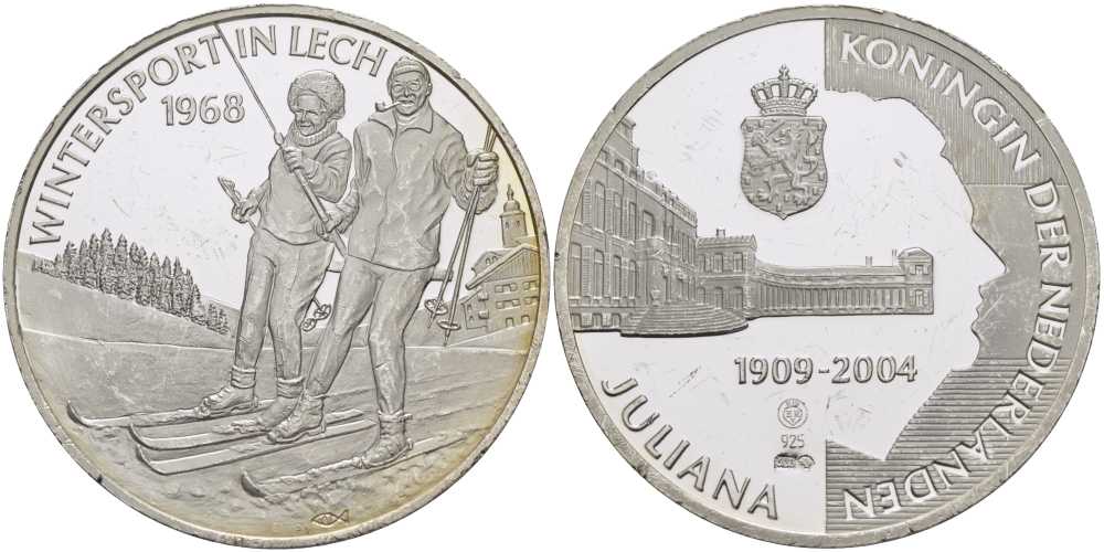 НИДЕРЛАНДЫ МЕДАЛЬ ND СЕРИЯ ЮЛИАНА КОРОЛЕВА НИДЕРЛАНДОВ (1909-2004), КАТАНИЕ НА ЛЫЖАХ 1968 ГОД, ЗИМНИЕ ВИДЫ СПОРТА В ЛЕХЕ, ДИАМЕТР 38 ММ., ВЕС 25 ГР. серебро PROOF 1076-8-63