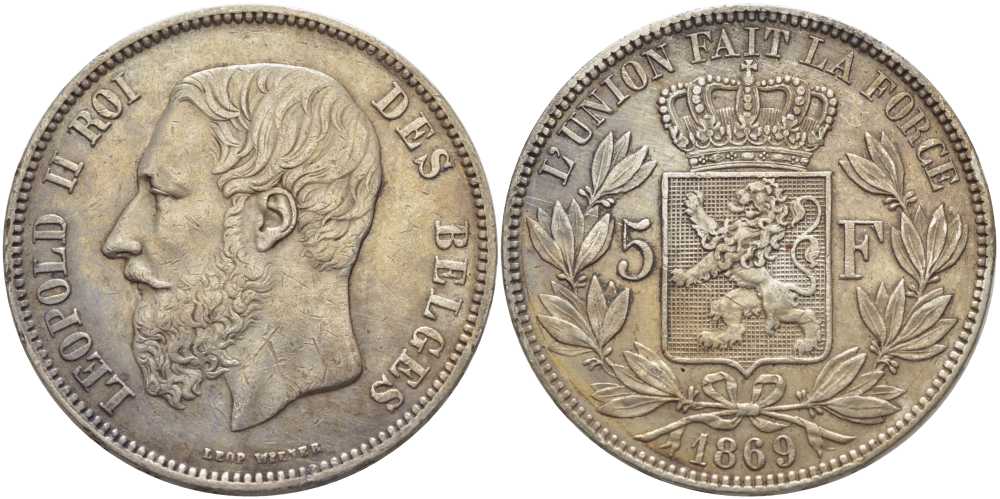 Бельгия 5 франков 1869 Леопольд II (1865-1909) KM 24 серебро 5010-844
