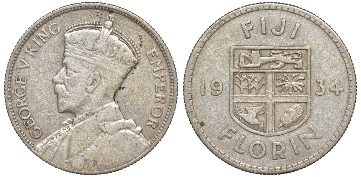 Фиджи 1 флорин 1934 Георг V (1910-1936), герб Фиджи KM 5 серебро    91-1212