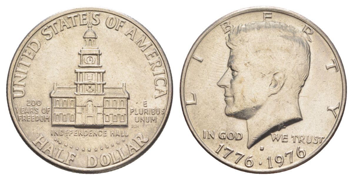 США 1/2 доллара (50 центов) 1976 D, 200 лет независимости, Джон Кеннеди KM 205 медь плакированная медно-никелем aUNC 4545-546