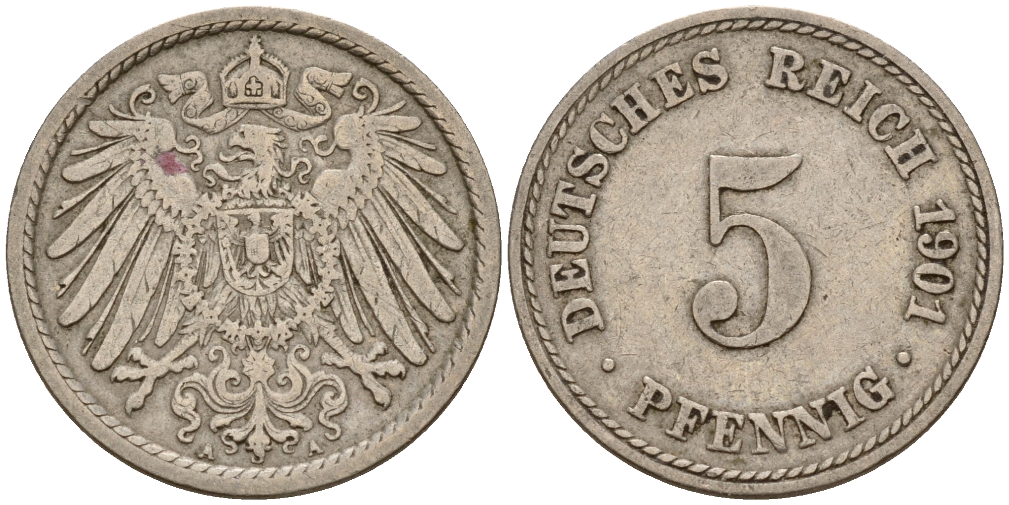 Германия 5 пфеннигов 1901 A J.12, KM 11 медно-никель    4598-1128