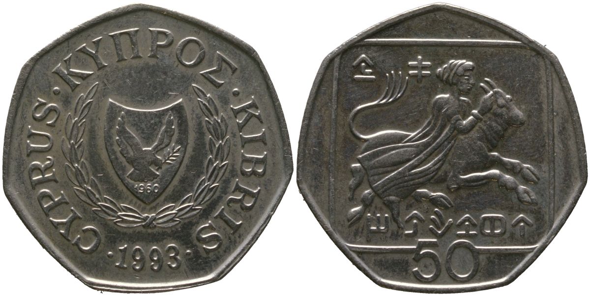 Кипр 50 центов 1993 похищение Европы KM 66 медно-никель 4402-734