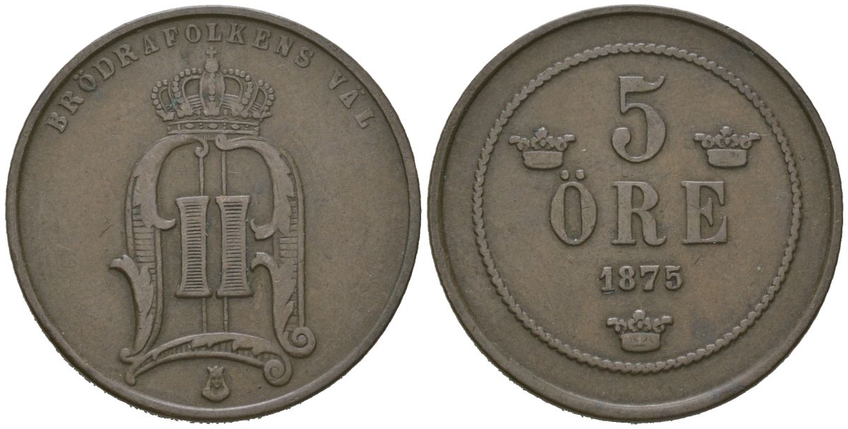 Швеция 5 эре 1875 Оскар II (1872-1907) KM 736 бронза 4175-612