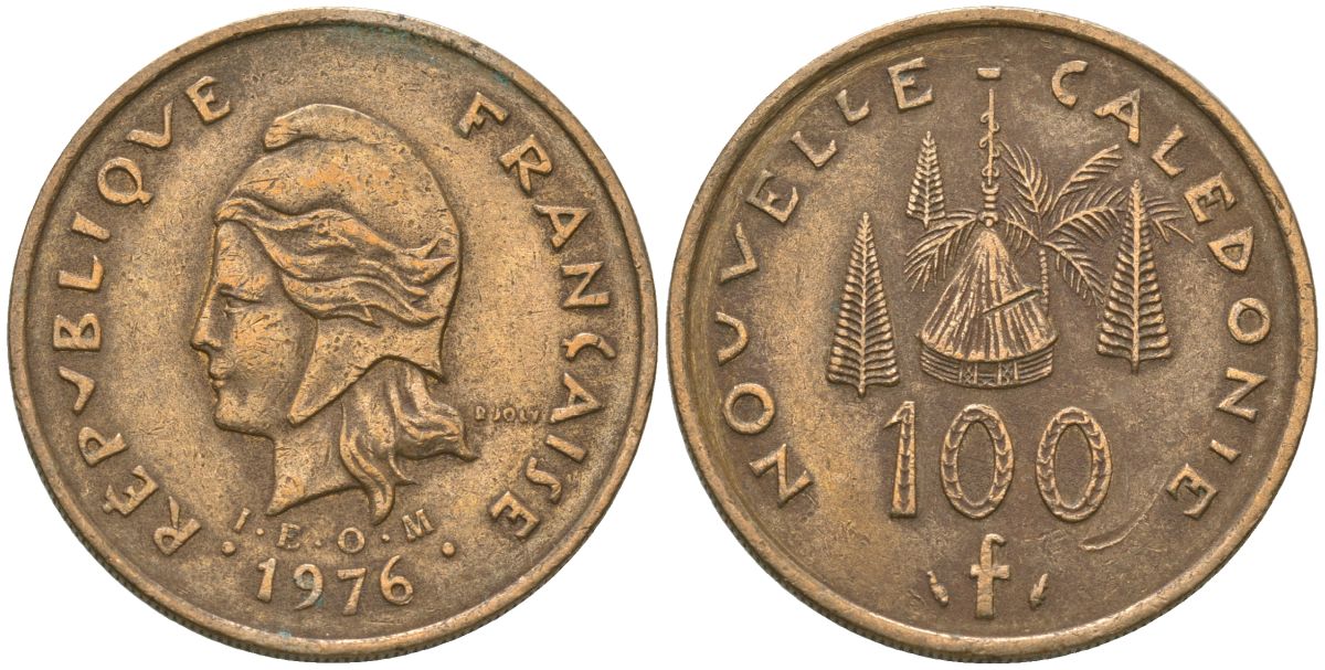 Французская Новая Каледония 100 франков 1976 хижина среди сосен и пальм, (IEOM) KM 15, Schoen 16, Lec 130 никель бронза 88-311