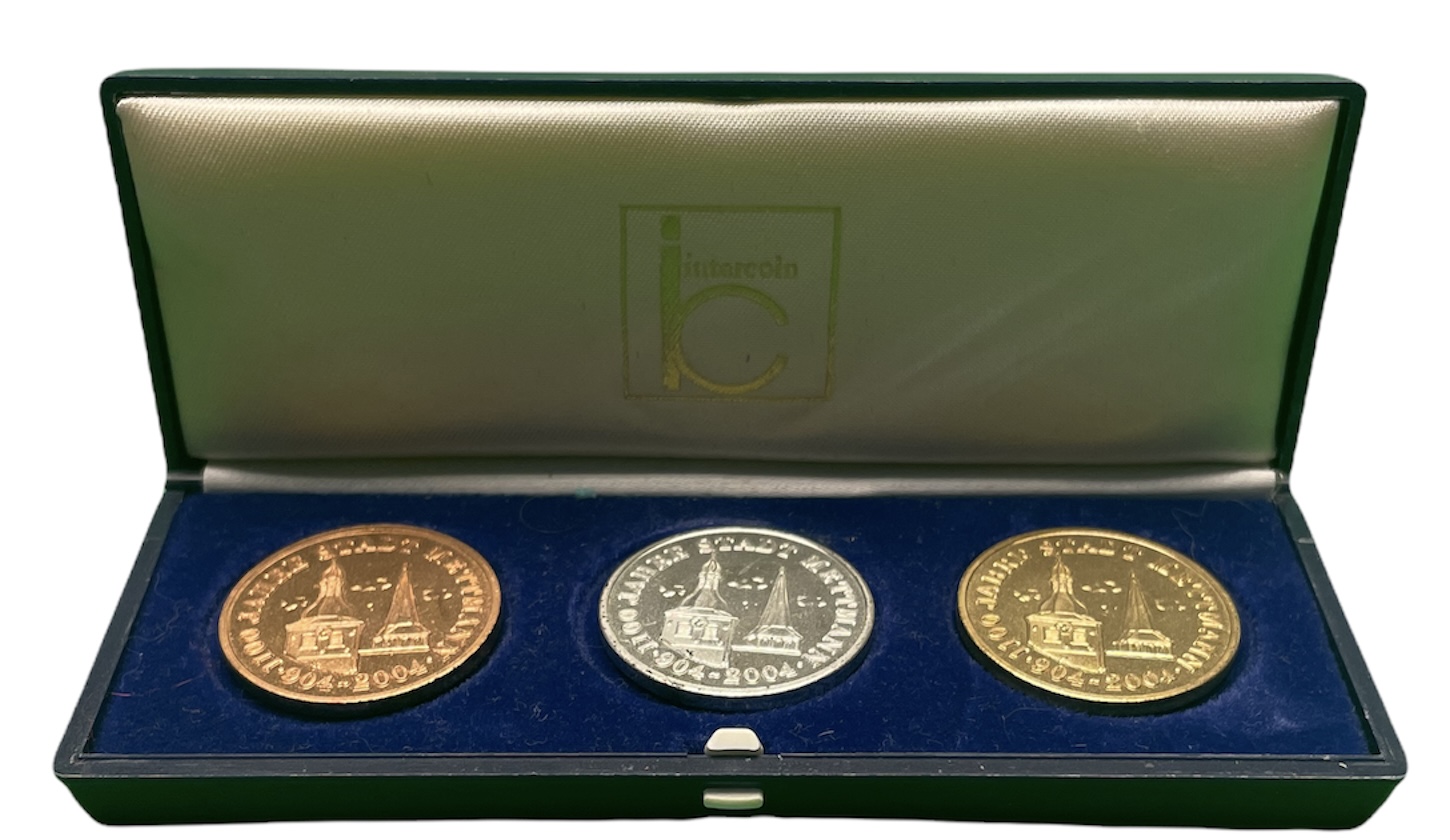 Германия набор из 3 жетонов 2004 1100 лет городу Меттман, в земле Северный Рейн-Вестфалия, в трех металлах, в коробке UNC 5-6-1-36