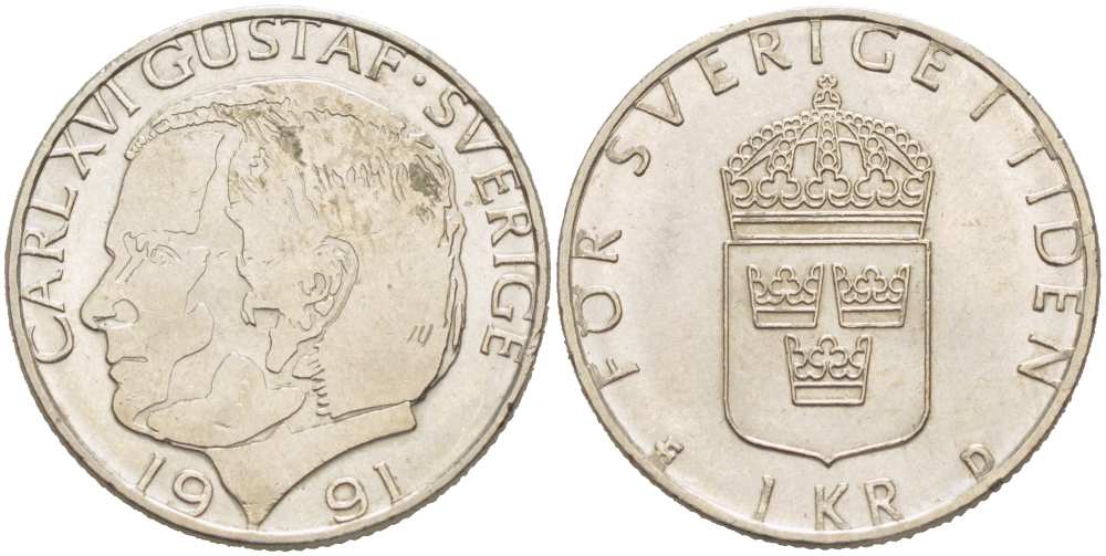 Швеция 1 крона 1991 Карл XVI Густав (1973- ) KM 852а медно-никель 217-546