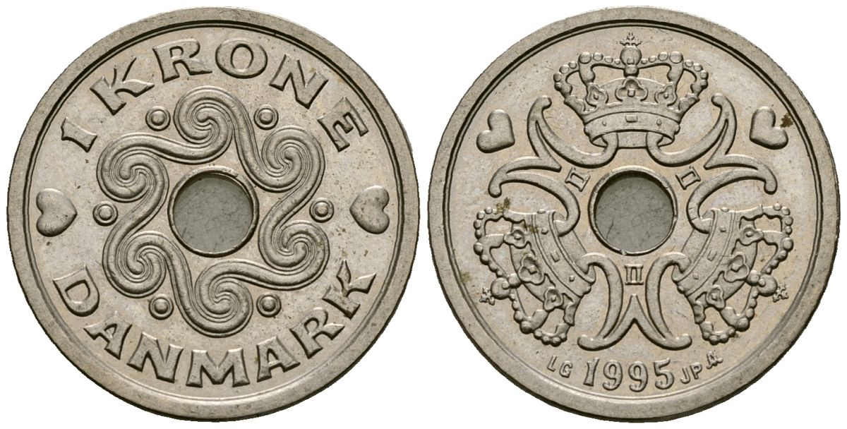 Дания 1 крона 1995 LG; JP; A, Маргрете II (1972- ) KM 873.1 медно-никель 4167-343