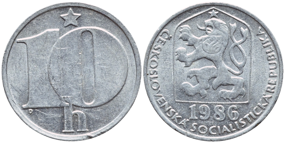 ЧЕХОСЛОВАКИЯ 10 ГЕЛЛЕРОВ 1986 СОЦИАЛИСТИЧЕСКАЯ РЕСПУБЛИКА KM 80 алюминий 4396-565