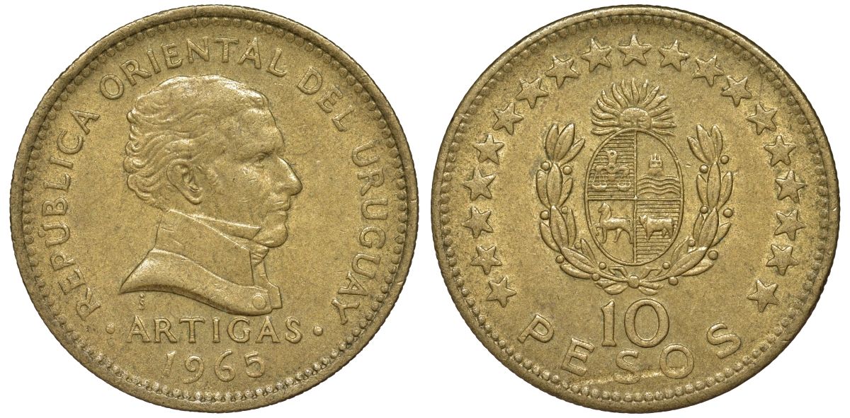 Уругвай 10 песо 1965 KM 48 алюминиевая бронза 4572-125