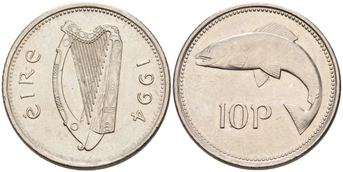 Ирландия 10 пенсов 1994 лосось KM 29 медно-никель 4561-1236