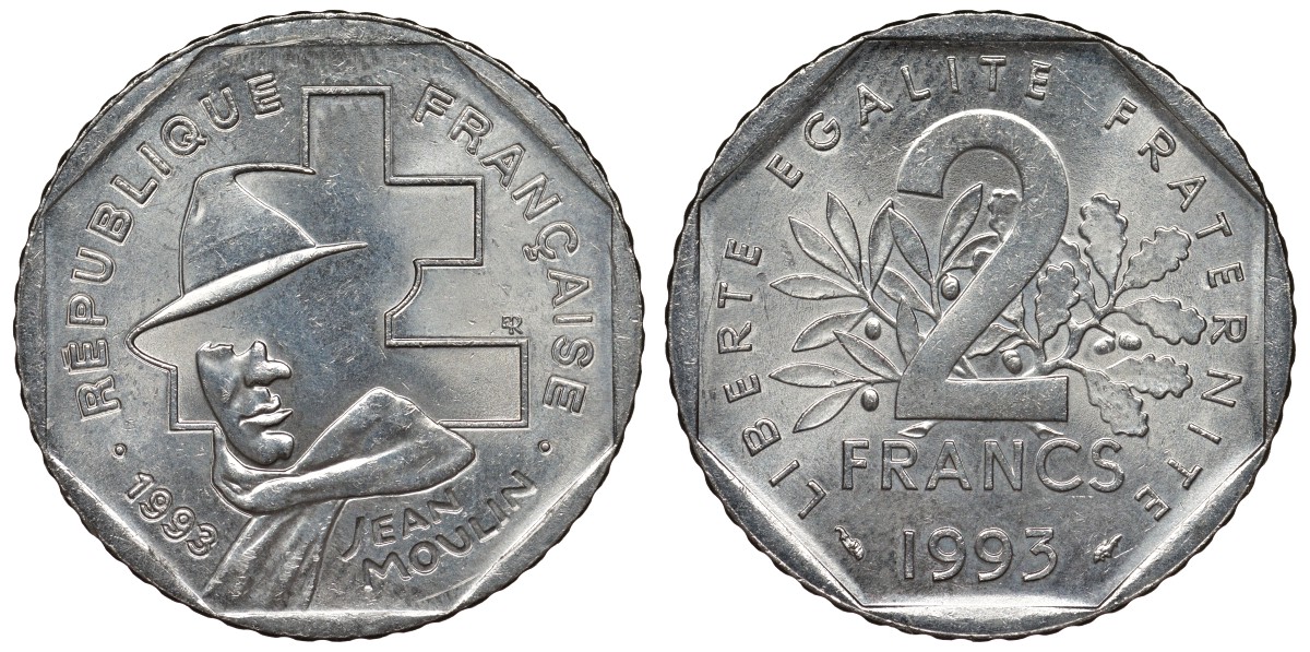 Франция 2 франка 1993 Жан Мулен, 50 лет Национальному движению сопротивления KM 1062, Le Franc 273.2 никель 4123-443