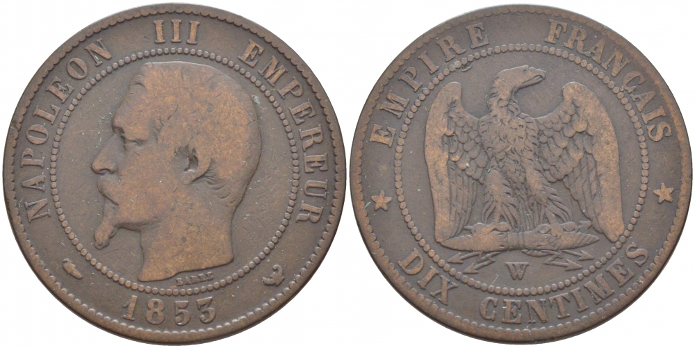 ФРАНЦИЯ 10 САНТИМОВ 1855 W, НАПОЛЕОН III (1852-1870) KM 771.7, LE FRANC 133.30 бронза 114-722