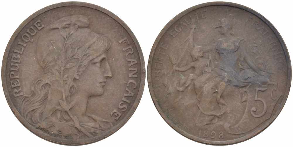 ФРАНЦИЯ 5 САНТИМОВ 1898 ТИП ДАНИЭЛЬ ДЮПЮИ KM 842, LE FRANC 119.5 бронза 108-757