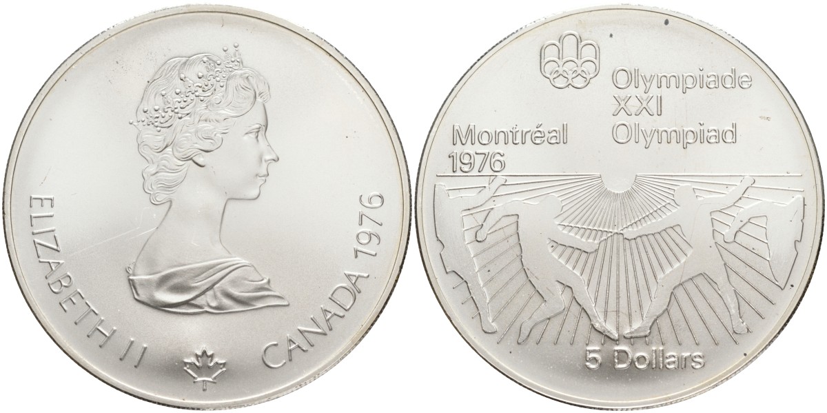Канада 5 долларов 1976 XXI летние Олимпийские игры в Монреале 1976 года, фехтование KM 107 серебро UNC 02-251-55