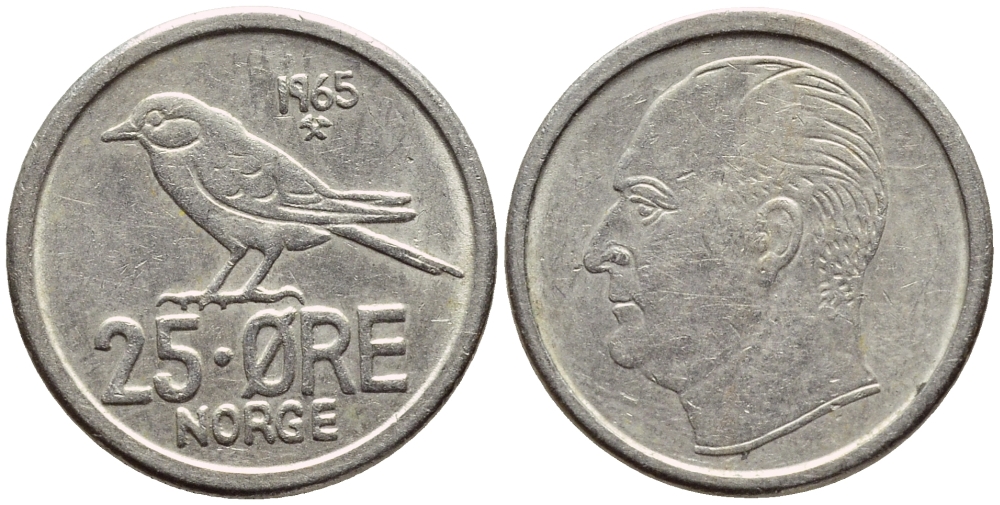 Норвегия 25 эре 1965 Улаф V (1958-1991), синица KM 407 медно-никель 4396-423