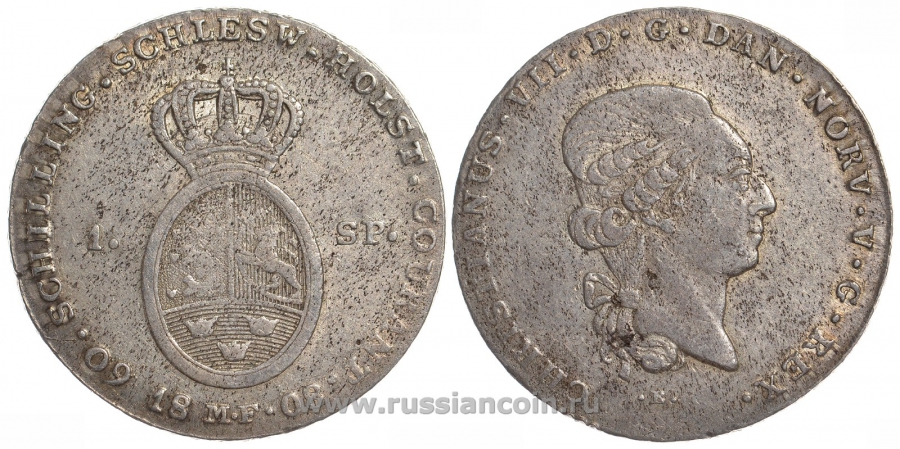 Дания, провинция Шлезвиг-Гольштейн 60 шиллингов = 1 далер 1808 MF, Кристиан VII Датский (1784-1808) KM 9, Dav. 1311 серебро 00-816-02