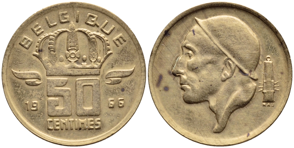 БЕЛЬГИЯ 50 САНТИМОВ 1966 BELGIQUE KM 148.1 бронза 4392-842