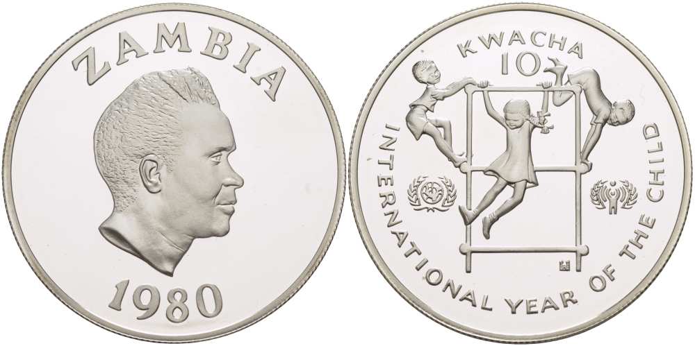 Замбия 10 квача 1980 международный год детей, президент Каунда KM 21 серебро PROOF 01-107-32