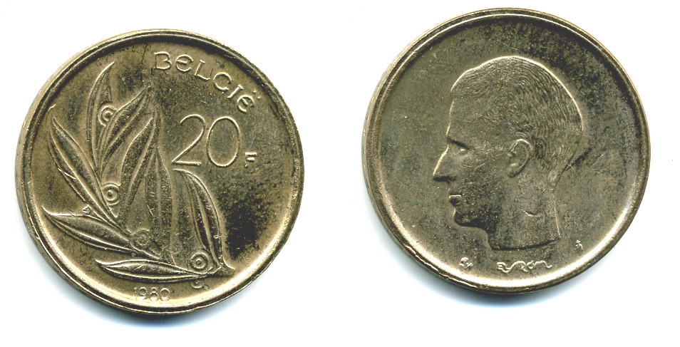 БЕЛЬГИЯ 20 ФРАНКОВ 1980 BELGIE, БОДУЭН I (1951-1993) KM 160 никель бронза 25-844