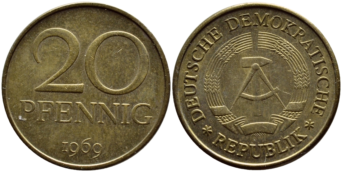ГДР 20 пфеннигов 1969 А, первый год KM 11 латунь UNC 73-354