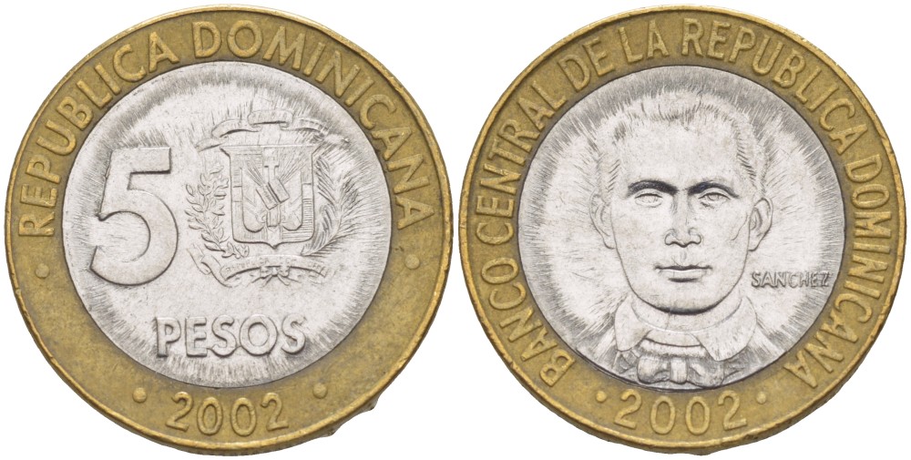 Доминиканская республика 5 песо 2002 Санчес KM 89 биметалл 4541-1121
