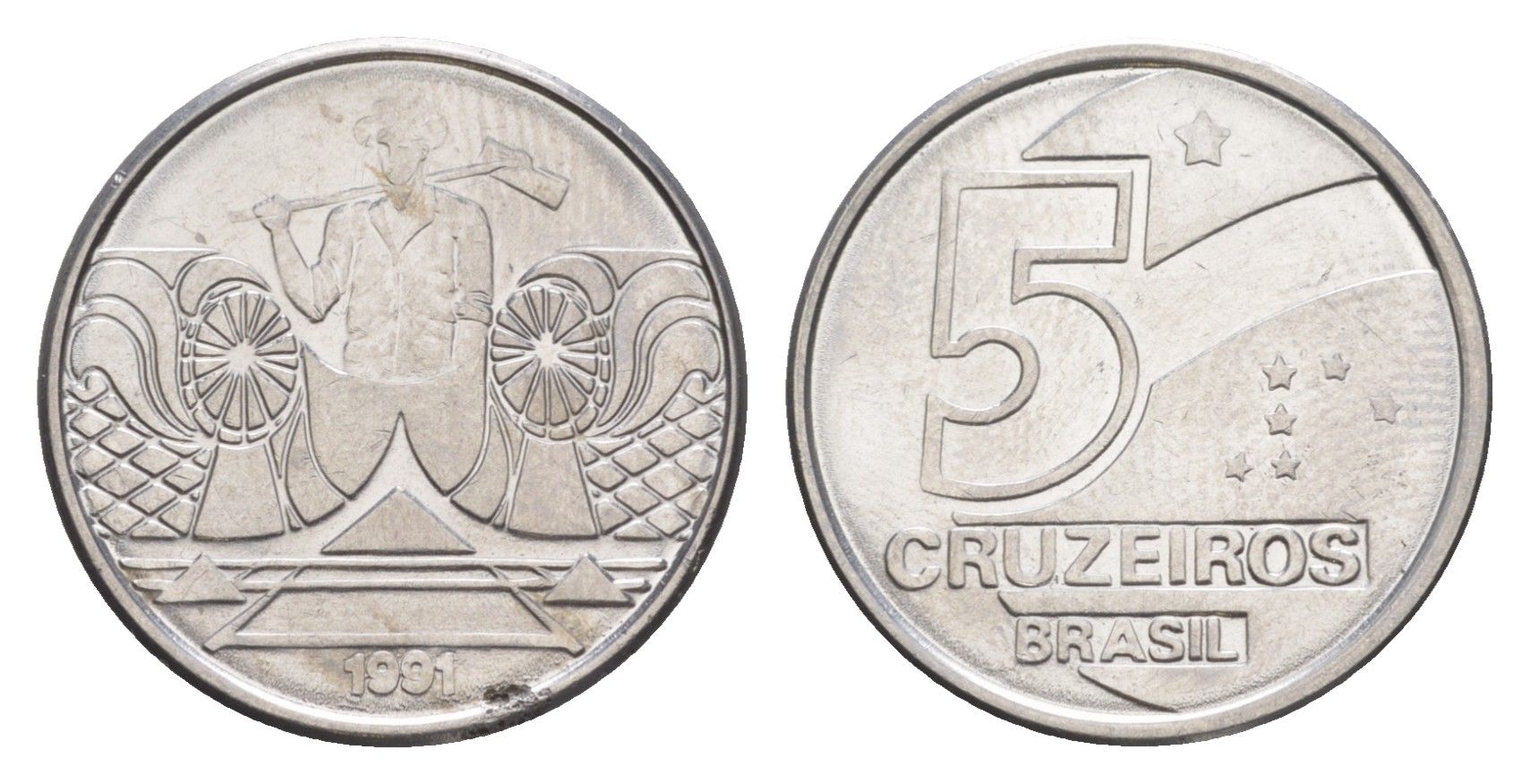 Бразилия 5 крузейро 1991 KM 618 нержавеющая сталь UNC 4644-531