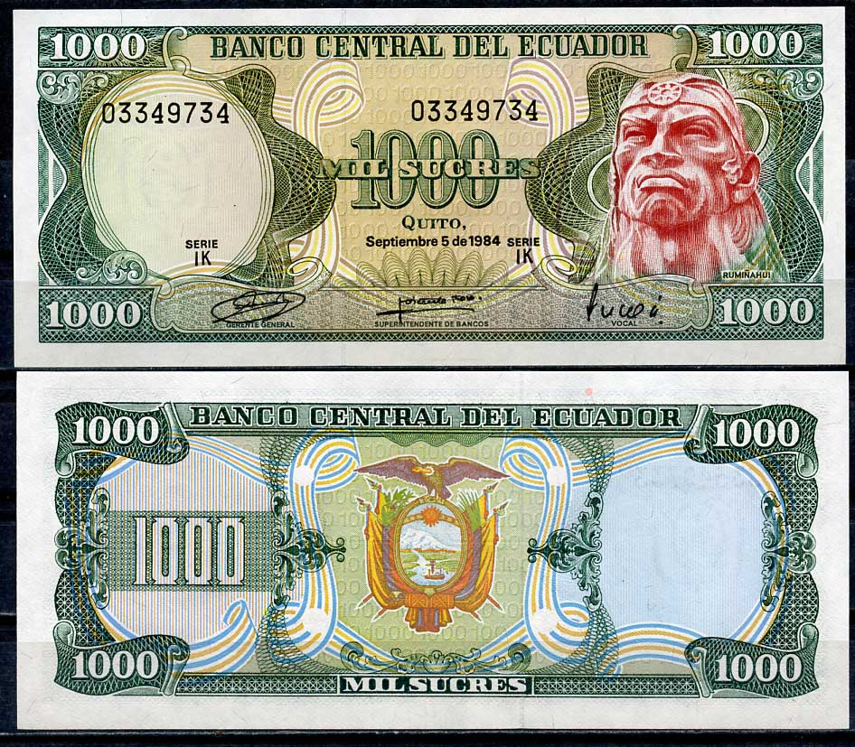 Эквадор 1000 сукре 1984 Руминьяви, серия IK Pick 125 a (4)  бумага  UNC (пресс) 447-113-3