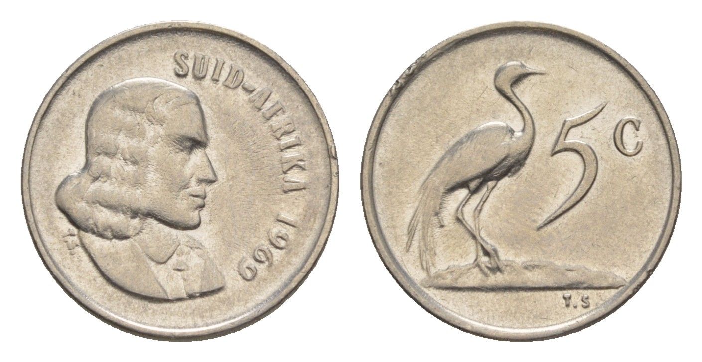 ЮАР 5 центов 1969 Ян ван Рибек (1619-1677), Suid Africa, легенда на африкаанс, райский журавль KM 67.2 медно-никель 4602-956