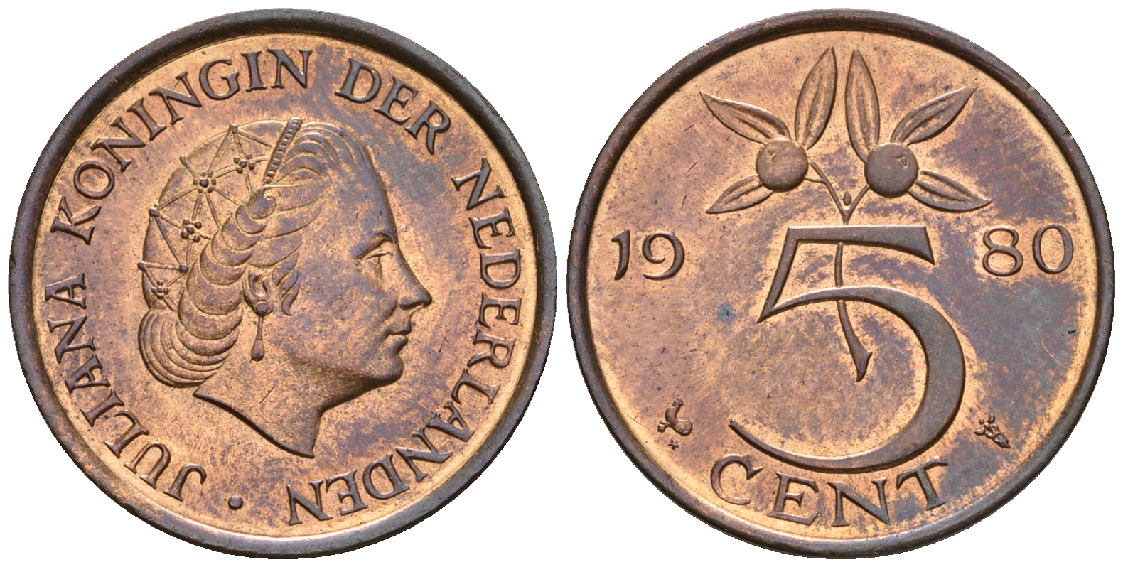 Нидерланды 5 центов 1980 Юлиана (1948-1980) KM 181 бронза UNC 4606-1022