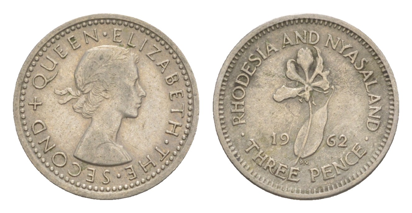 Родезия и Ньясаленд 3 пенса 1962 Елизавета II (1952-2022), цветок глориоза KM  3 медно-никель   4640-924