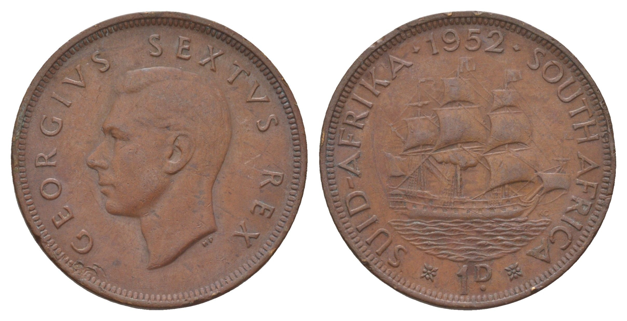 ЮАР 1 пенни 1952 Георг VI (1936-1952) KM 34.2 бронза 11-230-46