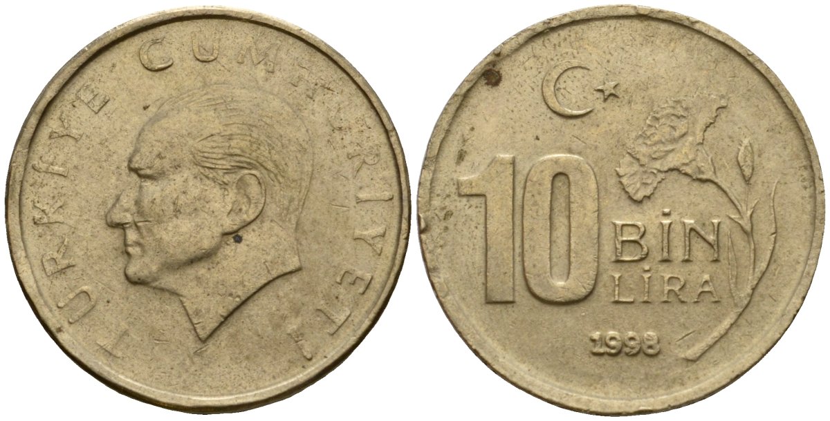 Турция 10000 лир 1998 Мустафа Кемаль Ататюрк KM 1027.2 медь никель цинк 4601-715