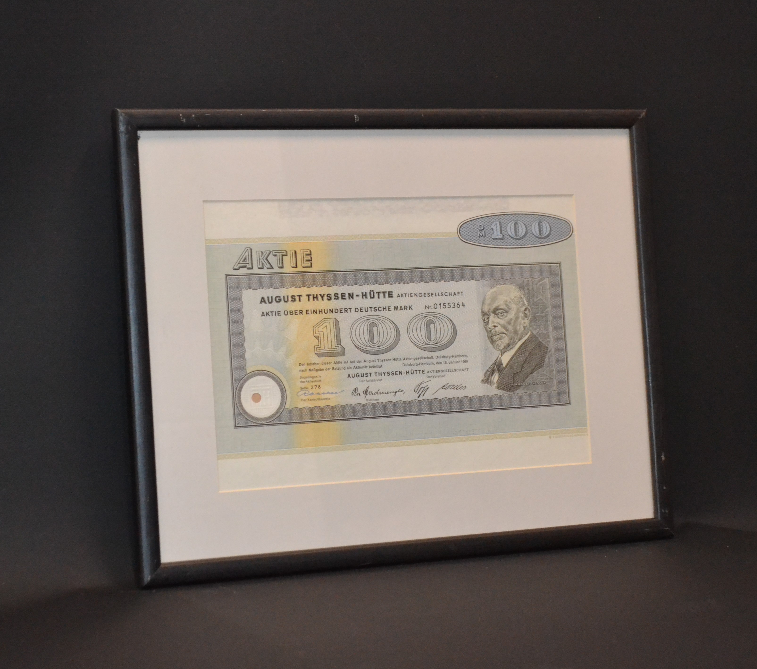 Германия, Thyssen (Тиссен) AG, Дуйсбург-Хамборн акция в 100 марок 1960 в рамке со стеклом бумага 57-1-16