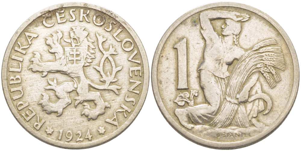 ЧЕХОСЛОВАКИЯ 1 КРОНА 1924 ЖЕНЩИНА СО СНОПОМ И СЕРПОМ KM 4 медно-никель 4514-847