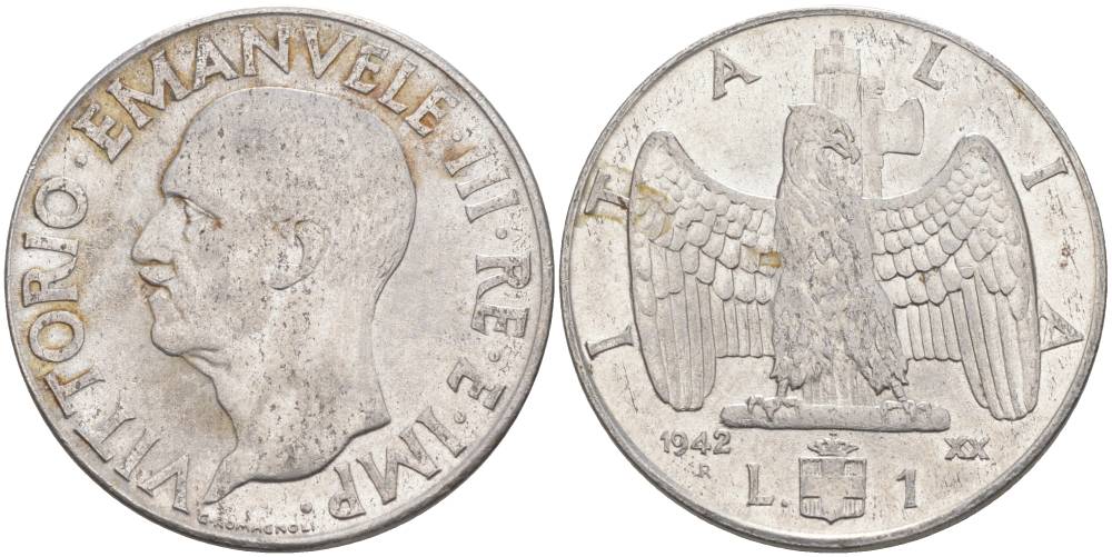 ИТАЛИЯ 1 ЛИРА 1942 R, ГОД XX, ВИКТОР ЭММАНУИЛ III (1900-1946) KM 77b, VEM3. 1102 нержавеющая сталь 3855-515