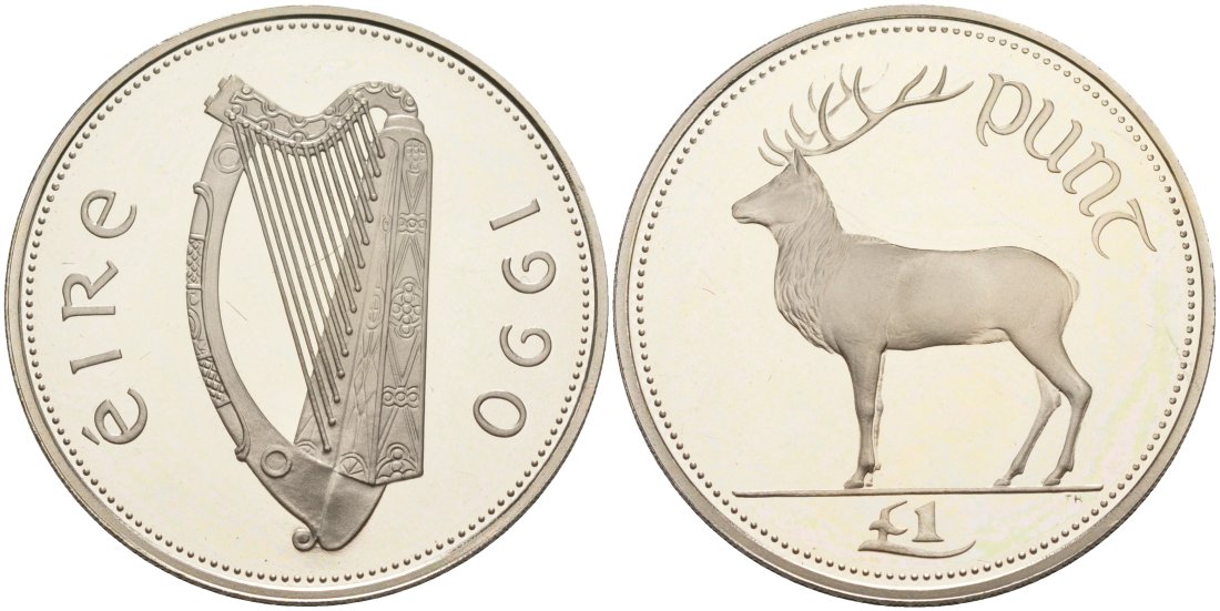 Ирландия 1 фунт 1990 олень, тираж 42000 ЭКЗ., в оригинальной коробке KM 27 медно-никель PROOF 3-4-3-20-1